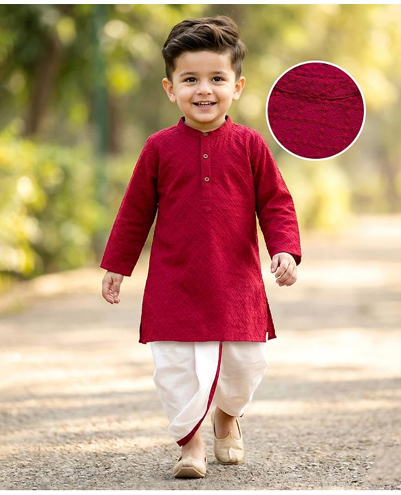 Babyhug Cotton Woven Full Sleeves Solid Colour Kurta Dhoti Set - Red