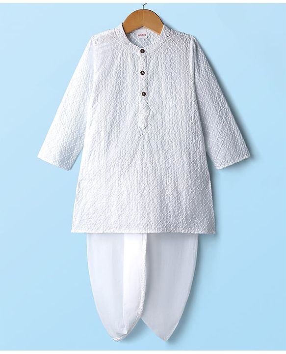 Babyhug Cotton Woven Full Sleeves Solid Colour Kurta Dhoti Set With Textured Design - White