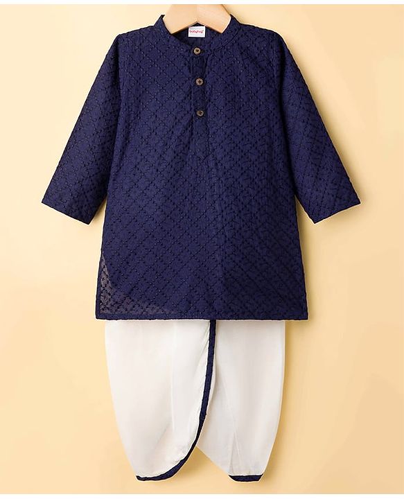 Babyhug Cotton Woven Full Sleeves Kurta Dhoti Set with Embroidery - Navy Blue