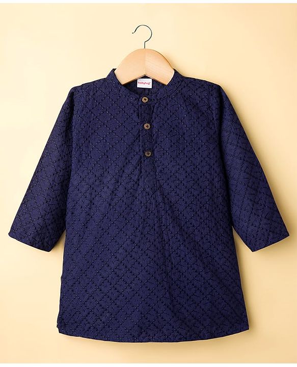 Babyhug Cotton Woven Full Sleeves Kurta Dhoti Set with Embroidery - Navy Blue