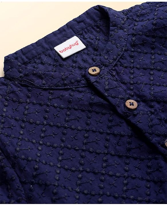 Babyhug Cotton Woven Full Sleeves Kurta Dhoti Set with Embroidery - Navy Blue
