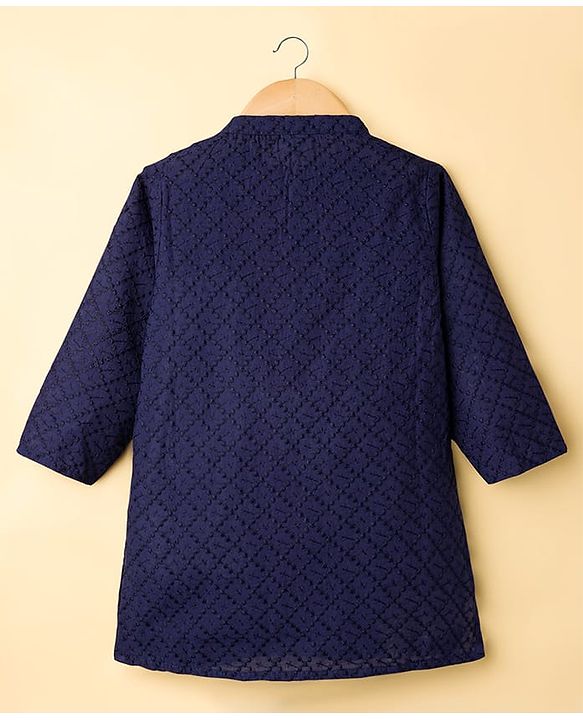 Babyhug Cotton Woven Full Sleeves Kurta Dhoti Set with Embroidery - Navy Blue