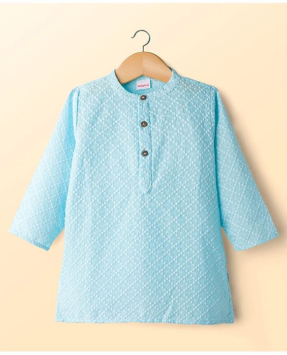 Babyhug Cotton Woven Full Sleeves Kurta Pajama Set with Embroidery - Aqua Blue