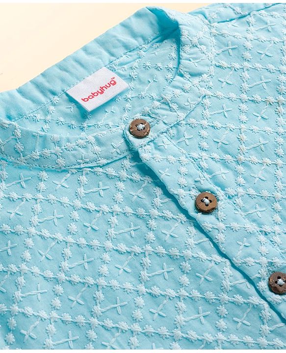 Babyhug Cotton Woven Full Sleeves Kurta Pajama Set with Embroidery - Aqua Blue