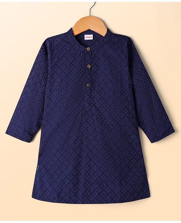 Babyhug Cotton Woven Full Sleeves Kurta Pajama Set with Embroidery - Navy Blue