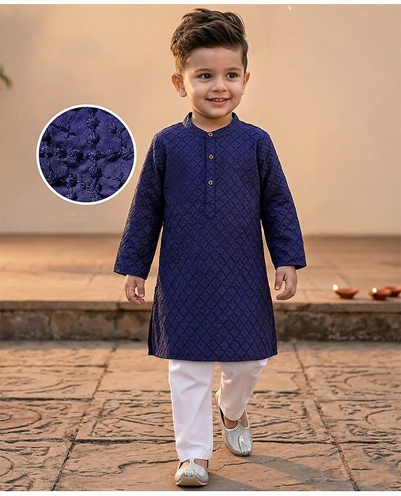 Babyhug Cotton Woven Full Sleeves Kurta Pajama Set with Embroidery - Navy Blue