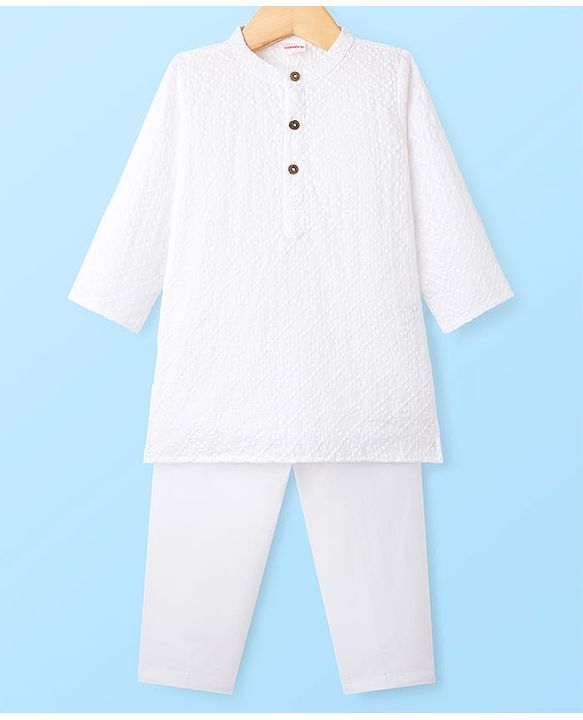 Babyhug Cotton Woven Full Sleeves Kurta Pajama Set with Embroidery - White
