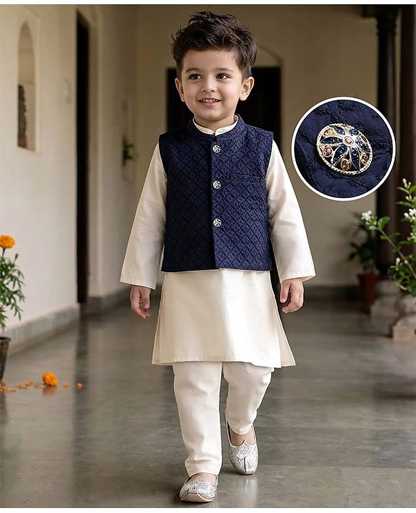 Babyhug Cotton Woven Full Sleeves Kurta Pajama Set With Embroidered Jacket - White