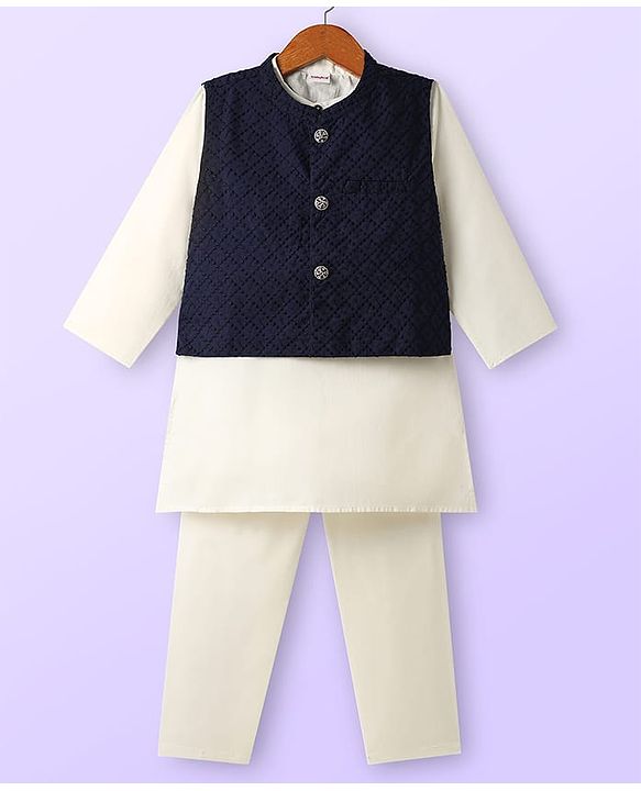 Babyhug Cotton Woven Full Sleeves Kurta Pajama Set With Embroidered Jacket - White