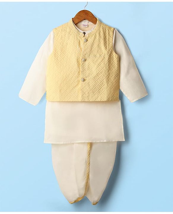Babyhug Cambric Full Sleeves Solid Kurta Dhoti Set with Embroidered Jacket - Offwhite