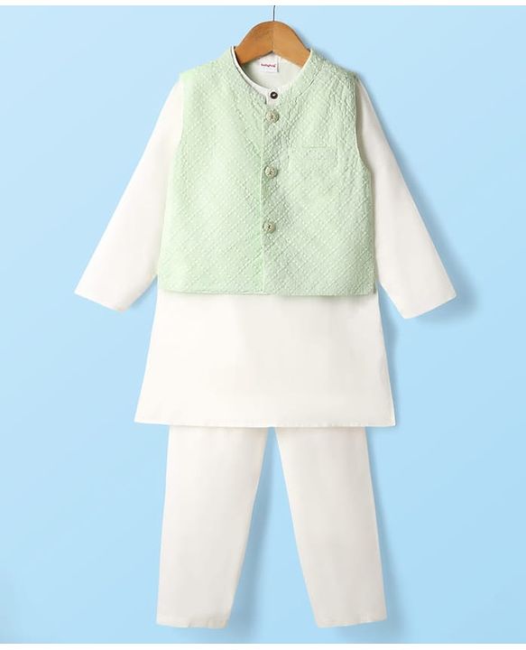Babyhug Cotton Woven Full Sleeves Kurta Pajama Set With Embroidered Jacket - White