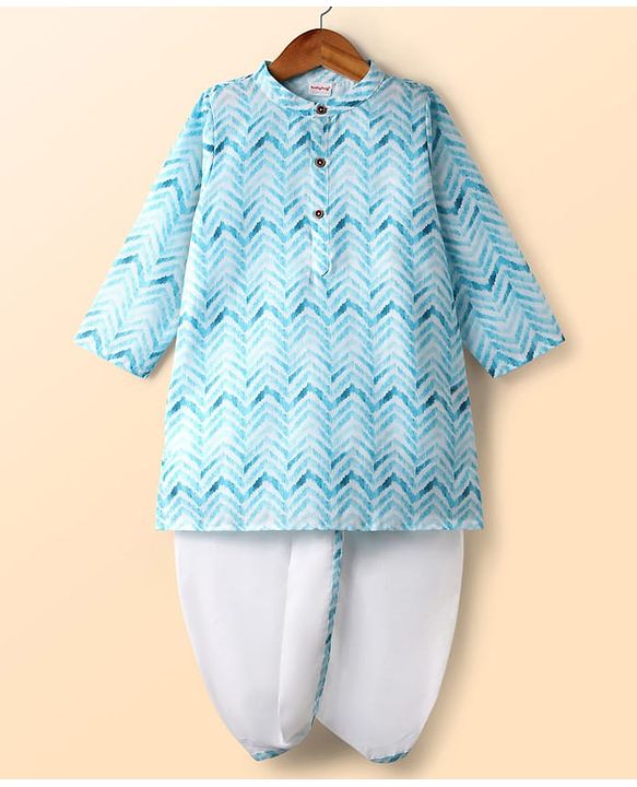 Babyhug Cotton Woven Full Sleeves Kurta Dhoti Set With Cambric Print - Light Blue