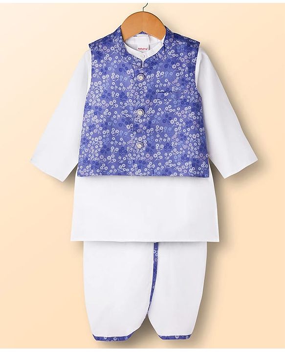 Babyhug Cambric Woven Full Sleeves Kurta Dhoti Set with Jacket & Floral Print - White