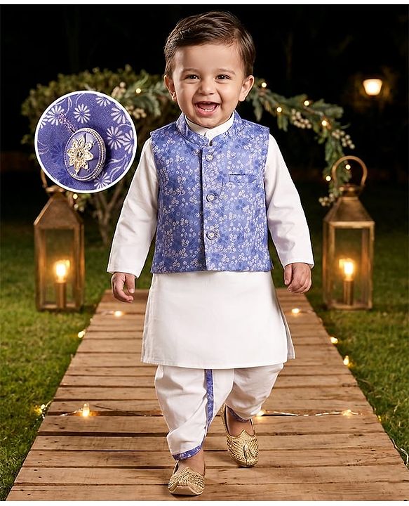 Babyhug Cambric Woven Full Sleeves Kurta Dhoti Set with Jacket & Floral Print - White