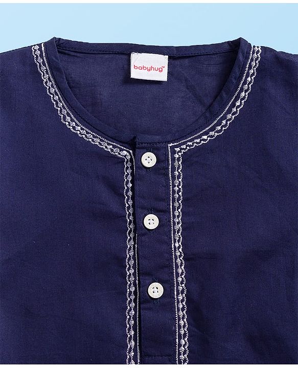 Babyhug Cambric Full Sleeves Solid Color Kurta Dhoti Set - Navy Blue