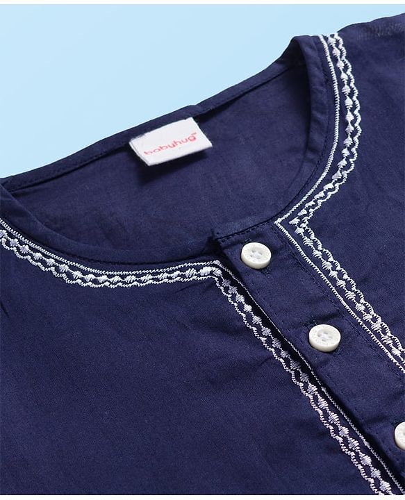 Babyhug Cambric Full Sleeves Solid Color Kurta Dhoti Set - Navy Blue