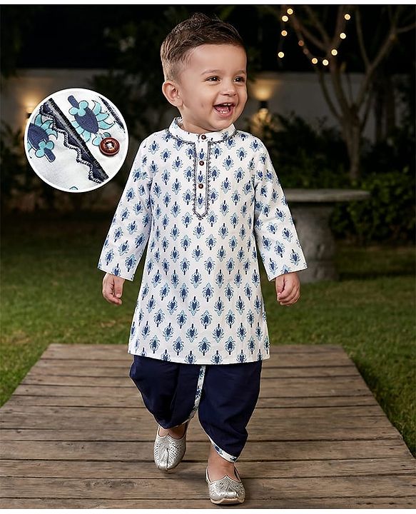 Babyhug Cotton Woven Full Sleeves Kurta Dhoti Set With Floral Print - White & Navy Blue