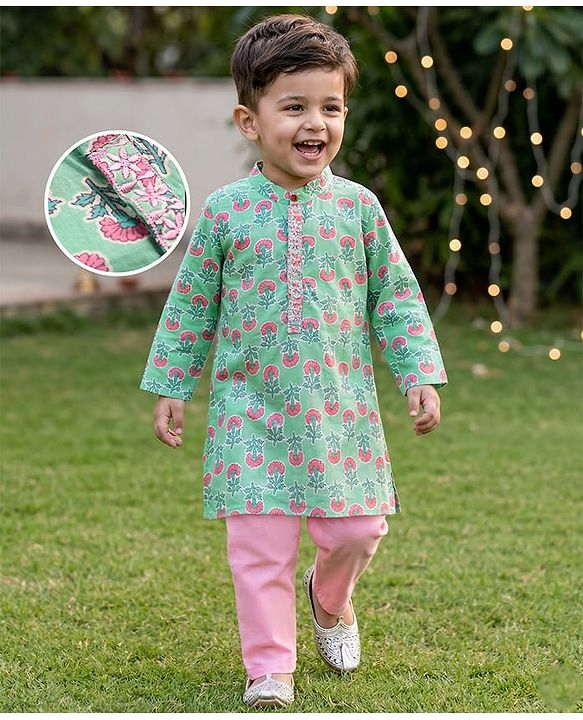 Babyhug Cambric Woven Full Sleeves Kurta Pyjama Set with Floral Print - Light Green & Pink