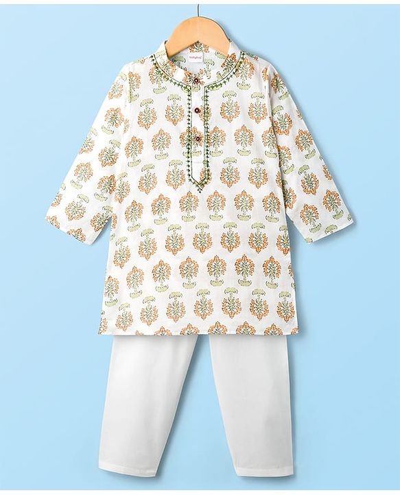 Babyhug Cotton Cambric Woven Full Sleeves Kurta Pyjama Set with Floral Print - White