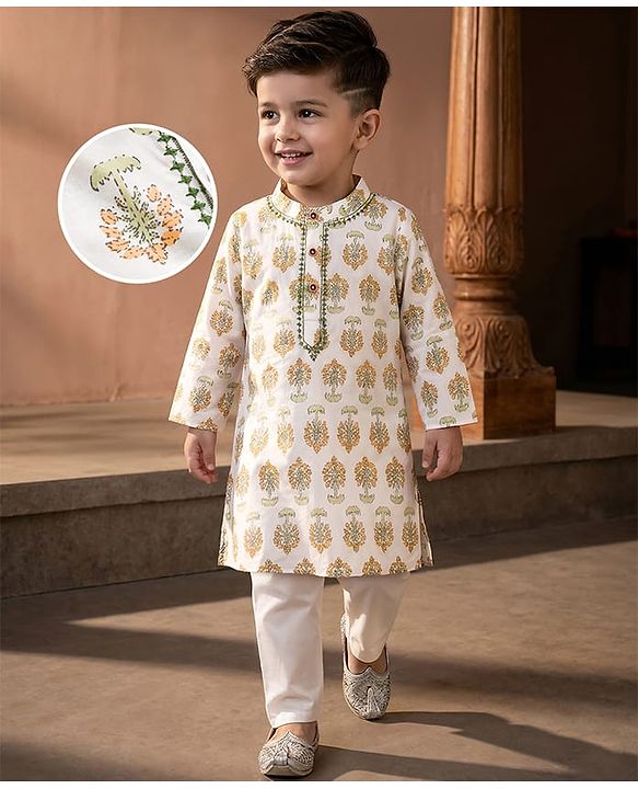 Babyhug Cotton Cambric Woven Full Sleeves Kurta Pyjama Set with Floral Print - White