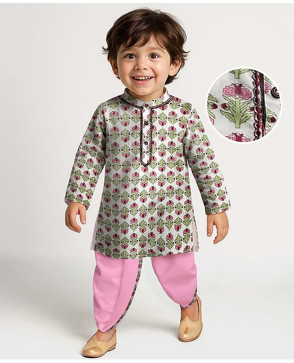 Babyhug Cotton Woven Full Sleeves Kurta Dhoti Set With Floral Print - White