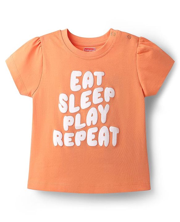Babyhug Cotton Knit Half Sleeves Capri Night Suit With Polka Dot Print & Bow Applique - Orange