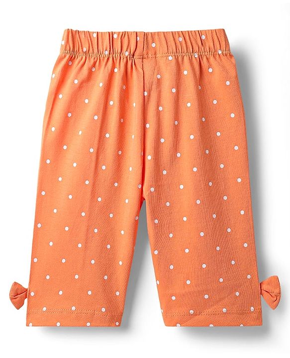 Babyhug Cotton Knit Half Sleeves Capri Night Suit With Polka Dot Print & Bow Applique - Orange