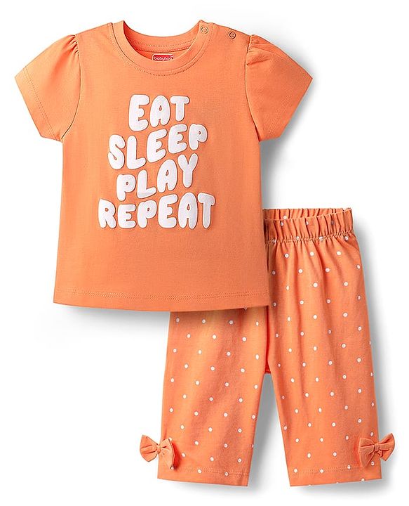 Babyhug Cotton Knit Half Sleeves Capri Night Suit With Polka Dot Print & Bow Applique - Orange