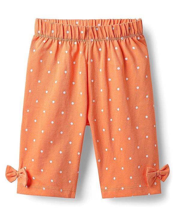Babyhug Cotton Knit Half Sleeves Capri Night Suit With Polka Dot Print & Bow Applique - Orange