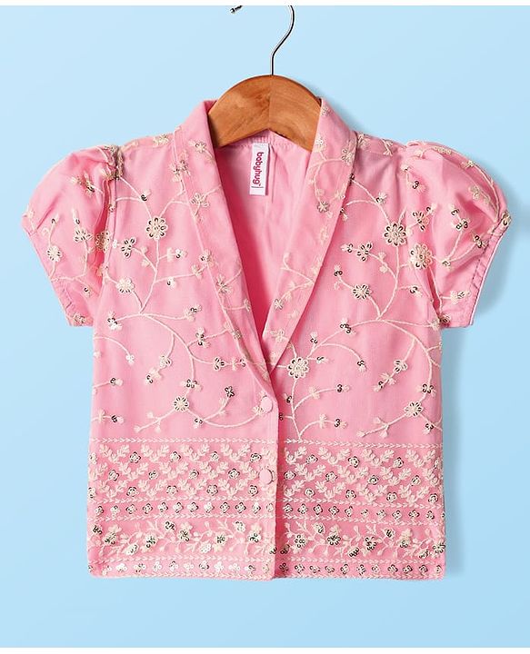 Babyhug Woven Half Sleeves Lehenga Choli & Jacket Set With Floral Embriodery - Pink