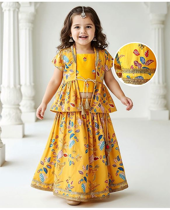 Babyhug Woven Embroidered Blouse with Lehenga and Half Sleeves Jacket Set with Floral Print - Yellow