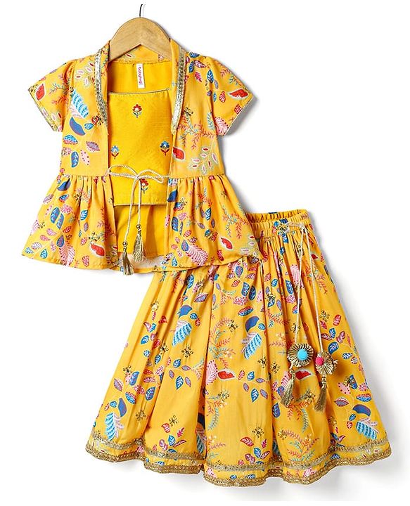 Babyhug Woven Embroidered Blouse with Lehenga and Half Sleeves Jacket Set with Floral Print - Yellow