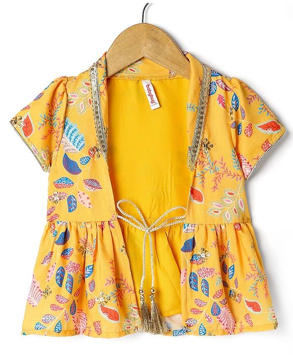 Babyhug Woven Embroidered Blouse with Lehenga and Half Sleeves Jacket Set with Floral Print - Yellow