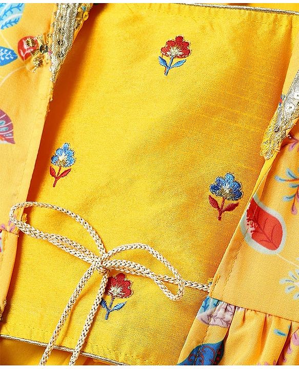 Babyhug Woven Embroidered Blouse with Lehenga and Half Sleeves Jacket Set with Floral Print - Yellow