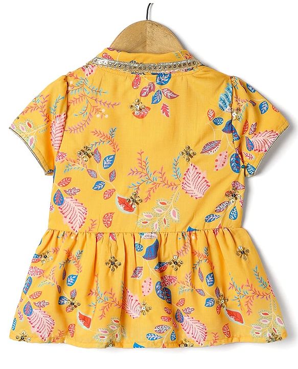 Babyhug Woven Embroidered Blouse with Lehenga and Half Sleeves Jacket Set with Floral Print - Yellow