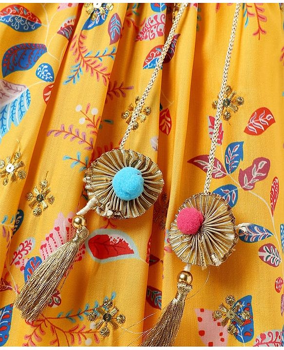 Babyhug Woven Embroidered Blouse with Lehenga and Half Sleeves Jacket Set with Floral Print - Yellow