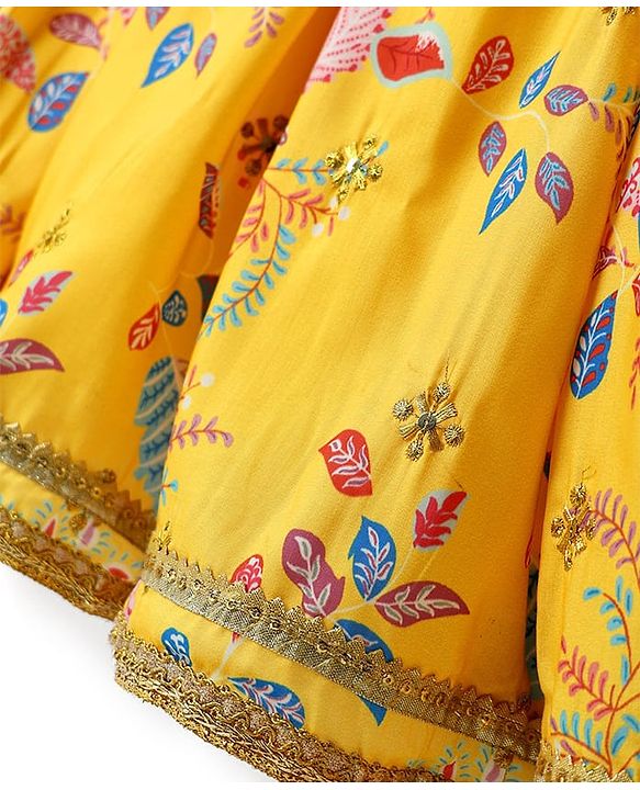 Babyhug Woven Embroidered Blouse with Lehenga and Half Sleeves Jacket Set with Floral Print - Yellow