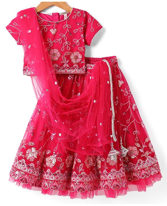 Babyhug Woven Half Sleeves Choli Lehenga Set with Dupatta With Sequin Floral Design & Lace Detailing - Dark Pink