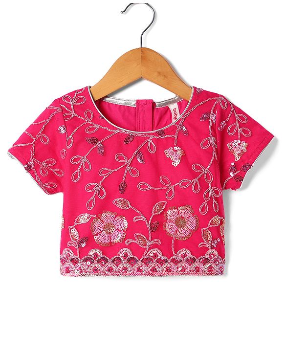 Babyhug Woven Half Sleeves Choli Lehenga Set with Dupatta With Sequin Floral Design & Lace Detailing - Dark Pink