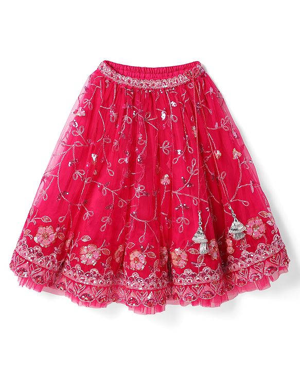 Babyhug Woven Half Sleeves Choli Lehenga Set with Dupatta With Sequin Floral Design & Lace Detailing - Dark Pink