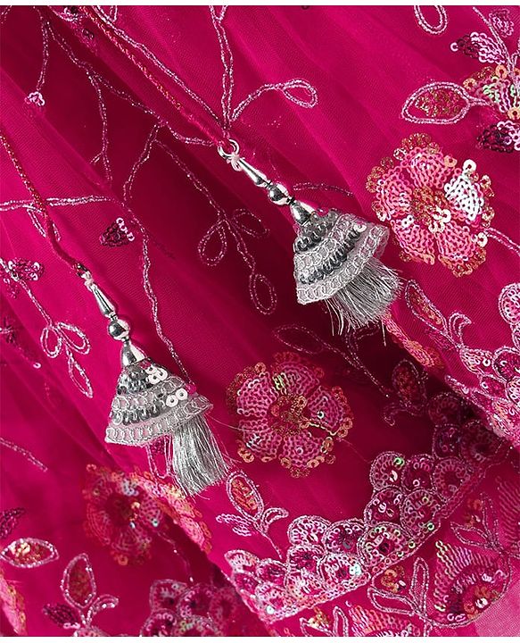 Babyhug Woven Half Sleeves Choli Lehenga Set with Dupatta With Sequin Floral Design & Lace Detailing - Dark Pink
