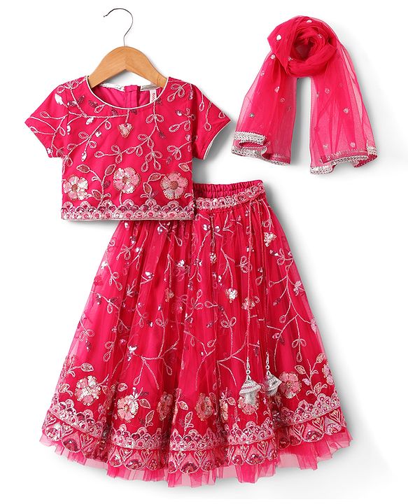 Babyhug Woven Half Sleeves Choli Lehenga Set with Dupatta With Sequin Floral Design & Lace Detailing - Dark Pink