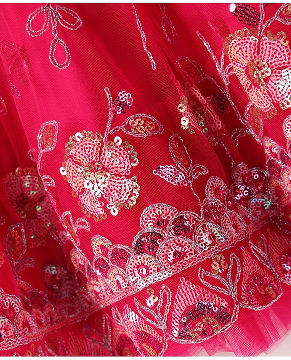 Babyhug Woven Half Sleeves Choli Lehenga Set with Dupatta With Sequin Floral Design & Lace Detailing - Dark Pink