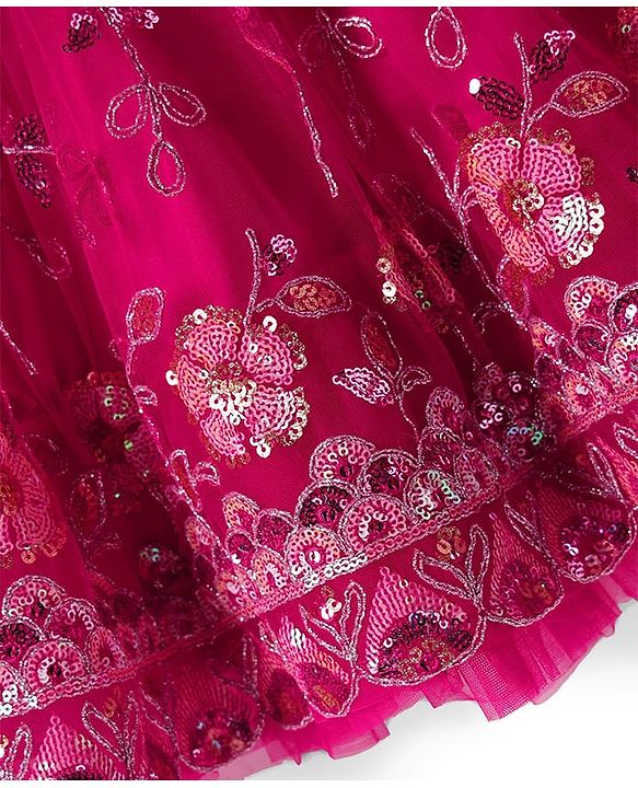 Babyhug Woven Half Sleeves Choli Lehenga Set with Dupatta With Sequin Floral Design & Lace Detailing - Dark Pink