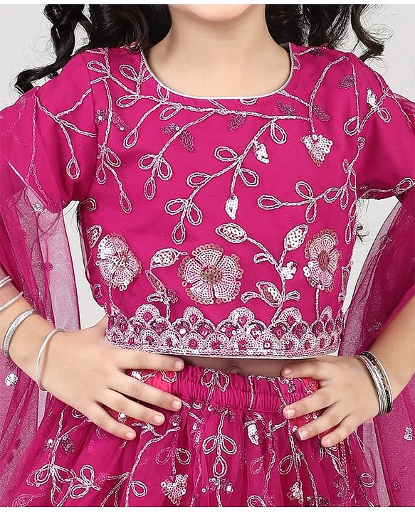 Babyhug Woven Half Sleeves Choli Lehenga Set with Dupatta With Sequin Floral Design & Lace Detailing - Dark Pink