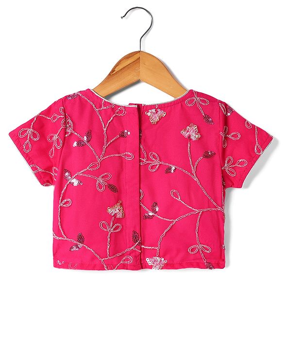 Babyhug Woven Half Sleeves Choli Lehenga Set with Dupatta With Sequin Floral Design & Lace Detailing - Dark Pink