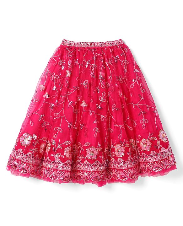 Babyhug Woven Half Sleeves Choli Lehenga Set with Dupatta With Sequin Floral Design & Lace Detailing - Dark Pink