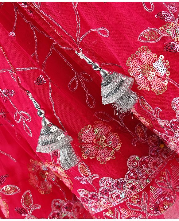 Babyhug Woven Half Sleeves Choli Lehenga Set with Dupatta With Sequin Floral Design & Lace Detailing - Dark Pink