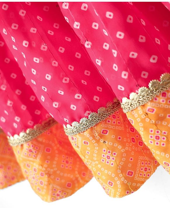 Babyhug Woven Half Sleeves Bandhani Printed Lehenga Choli Set With Embroidery Detailing & Dupatta - Fuchsia