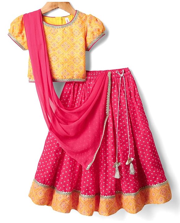 Babyhug Woven Half Sleeves Bandhani Printed Lehenga Choli Set With Embroidery Detailing & Dupatta - Fuchsia